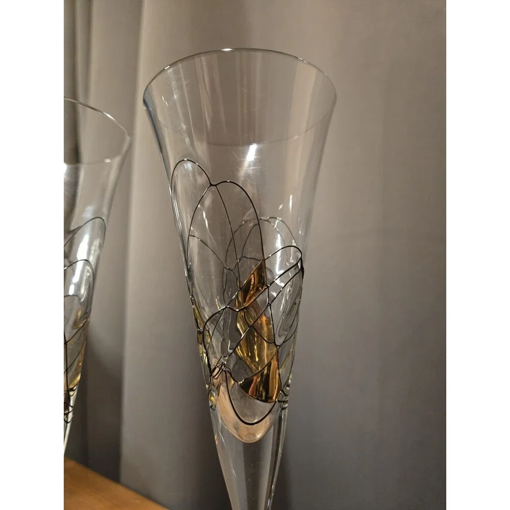 2 Romania Milano Crystal Gold & Black Champagne Flutes Wine Glasses, 11